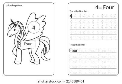 Unicorn Cute Number Colouring And Tracing Activity Book. Number Four. Kids Worksheet