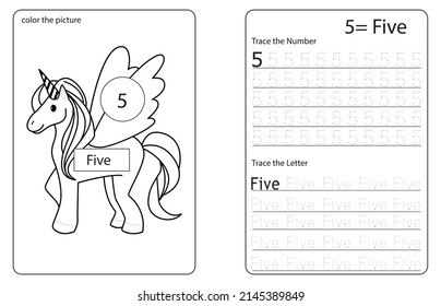 Unicorn Cute Number Colouring And Tracing Activity Book. Number Zero. Kids Worksheet