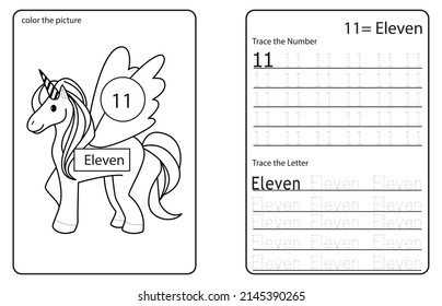 Unicorn Cute Number Colouring And Tracing Activity Book. Number Elven. Kids Worksheet