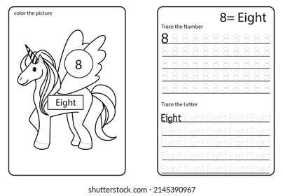 Unicorn Cute Number Colouring And Tracing Activity Book. Number Eight. Kids Worksheet