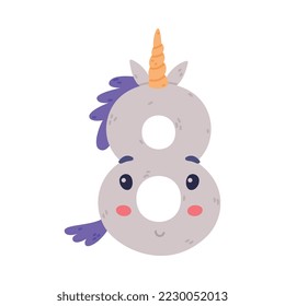 Unicorn Cute Number Eight or Numeral with Smiling Face and Twisted Horn Vector Illustration