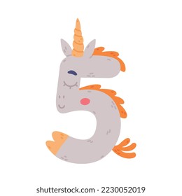 Unicorn Cute Number Five oder Number with Lächeln Face and Twisted Horn Vector Illustration