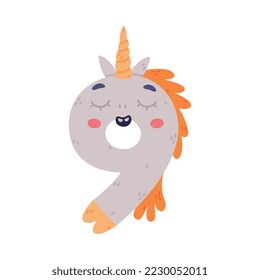 Unicorn Cute Number Nine or Numeral with Smiling Face and Twisted Horn Vector Illustration