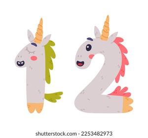 Unicorn Cute Number One and Two with Smiling Face and Twisted Horn Vector Set