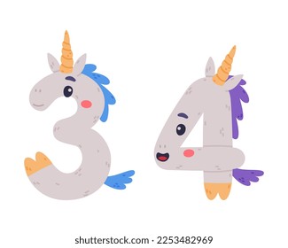 Unicorn Cute Number Three and Four with Smiling Face and Twisted Horn Vector Set