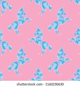 Unicorn cute in origami low-polygonal style. Seamless colorful pattern
