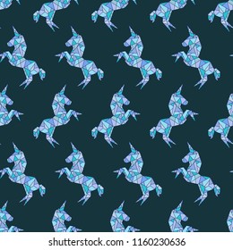 Unicorn cute in origami low-polygonal style. Seamless colorful pattern