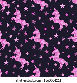 Unicorn cute in origami low-polygonal style. Seamless colorful pattern