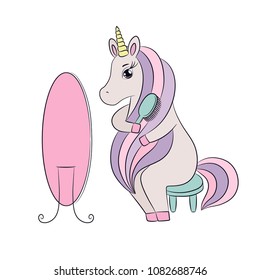 Unicorn cute pony girl sitting next to mirror, with beautiful hair mane, holding comb, colorful vector illustration for book, game, sticker, poster, kids hairdresser ads, hair salon advertising. 