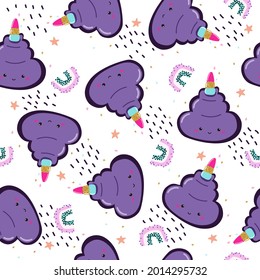 Patrón unicornio lindo poop sin costura. Graciosa huella de arco iris. Ilustración dibujada a mano por vectores. 