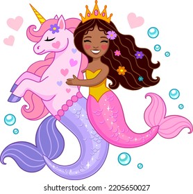 Unicorn and cute princess mermaid with dark skin tone. Vector illustration isolated