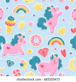 Unicorn cute seamless pattern. Unicorn, ice cream, rainbow, sweets, diamonds. Vector illustration