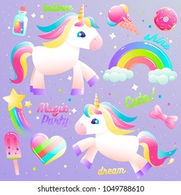 Unicorn cute set. Colorful rainbow, ice cream, magical liquid in a bottle with star. Vector cartoon set illustration