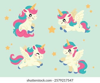 Unicorn. Cute unicorns. Vector illustration. Wings. Colored hair. Cuteness.