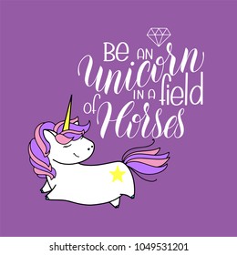 Unicorn cute vector illustration. Hand Drawn Lettering. Card and shirt design.