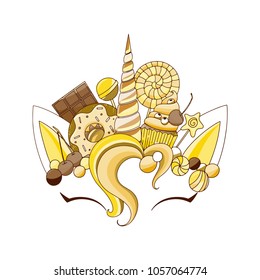 Unicorn cute vector illustration. Head with candy and cupcake. Card and shirt design.