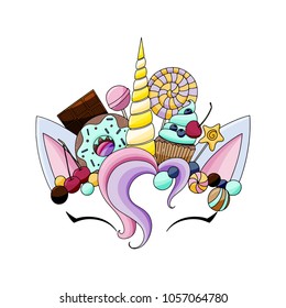 Unicorn cute vector illustration. Head with candy and cupcake. Card and shirt design.