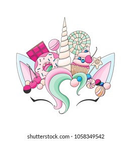 Unicorn cute vector illustration. Head with candy and cupcake. Card and shirt design.