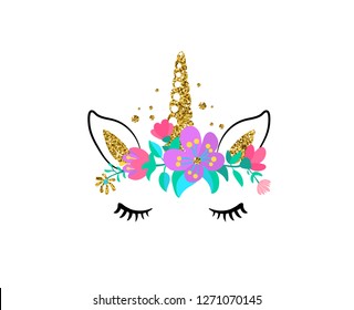 Unicorn cute vector illustration isolated on white background. Fashion girl patch with horse head, golden horn, ears, eyes and flowers.