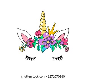 Unicorn cute vector illustration isolated on white background. Fashion girl patch with horse head, horn, crown, ears, eyes and flowers.