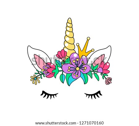 Unicorn cute vector illustration isolated on white background. Fashion girl patch with horse head, horn, crown, ears, eyes and flowers.