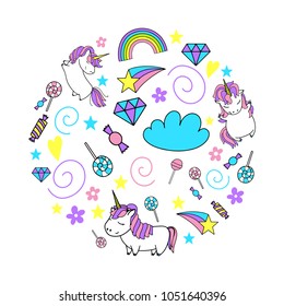 Unicorn cute vector illustration set. Card and shirt design.