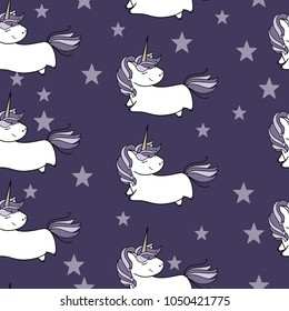 Unicorn cute vector seamless pattern. Night sky. Card and shirt design.