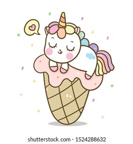 Un lindo vector de unicornio durmiendo en una caricatura de helado dulce, un animal de Kawaii, comida deliciosa: El postre mágico de la serie. Producto de panadería. Feliz decoración de guardería para café, ducha de bebé, fiesta de cumpleaños, festival, niños.