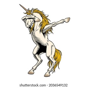 Pintura de unicornio aislada de fondo blanco. Dab meme dance mueve. Ilustración vectorial de estilo cómic.