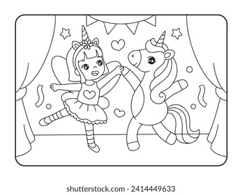 Ilustración de la página de bailes de unicornio con una niña