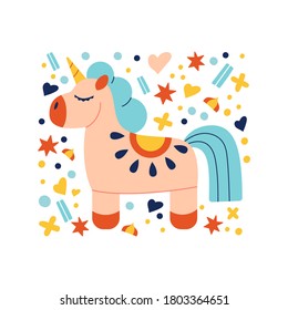 Einzeln mit dekorativen Elementen im Pop-Art-Stil. Pferdemagisches Charakterdesign mit Horn. Vektorgrafik-Handzeichnung