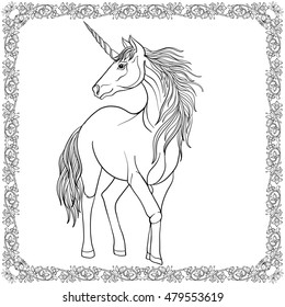 Unicorn in decorative frame. Vintage decorative floral pattern background. Colored Vector illustration. Coloring book for adult and older children. Outline drawing coloring page.