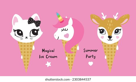 Helado de gato de ciervo unicornio crema gofre logo de comida niños decoración de habitación diseño de camiseta impresión ojos de vivero nariz pequeña decoración de sala de arte dulce diseño de pared dibujo abstracto inspiración boceto de bebé fría lindo arte