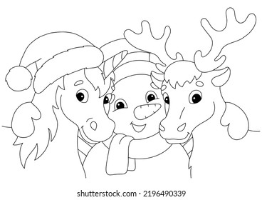 Unicorn, deer and snowman for christmas. Coloring book page for kids. Cartoon style character. Vector illustration isolated on white background.