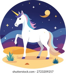 Unicórnio no deserto com noite estrelada