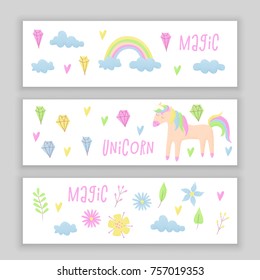 Unicorn design set with clouds and rainbow, stipple design