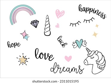 Unicorn design and tex.t. unicorn . Textile graphic t-shirt print. Vector illustration design
