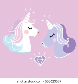 Unicorn and diamond. Cute illustrations for girl room decor cute background cartoon hand drawn illustration t-shirt print kids wear fashion design baby shower invitation, unicorn, magical, violet