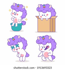 Unicornio con diferentes emociones vectoriales personajes de dibujos animados aislados en un fondo blanco.