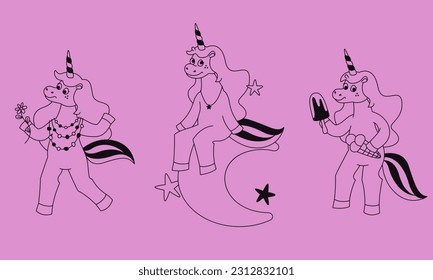 Unicorn in different poses. Fairytale character in outline style.