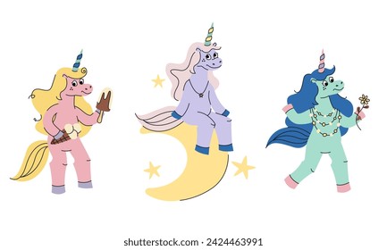 Unicorn in different poses. Fairytale character in doodle style.