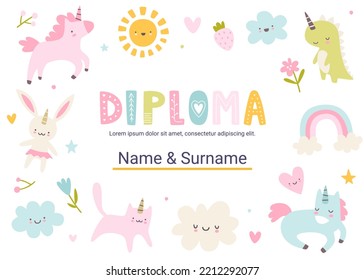 Unicorn diploma template. Girly vector certificate design for children competition.