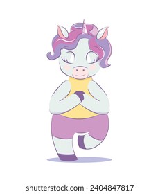 Unicorn does yoga, sports, fitness. International Yoga Day. Drawing of cute childish illustration. Print, textiles, cards, pattern. Beautiful Pegasus. EPS10
