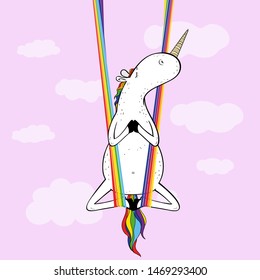 unicorn doing aerial yoga on rainbow canvases