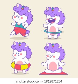 Unicorn doing fitness and yoga exercises vector cartoon characters set isolated on background.