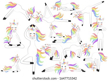 Unicorn doing yoga, set of positions. Enlightenment, exercise, design, healthy lifestyle, Scandinavian style, children's print