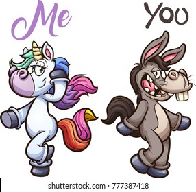 Unicorn and donkey posing. Vector clip art illustration with simple gradients. Each on a separate layer. 
