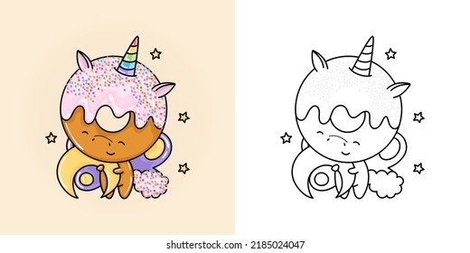 Unicorn Donut Clipart for Coloring Page and Multicolored Illustration. Adorable Clip Art Unicorn. Vector Illustration of a Kawaii Animal for Coloring Pages, Prints for Clothes, Stickers, Baby Shower.
 svg