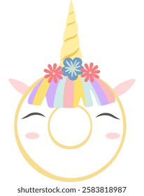 Unicorn donut with colorful icing and flowers winking happily on a white background, ideal for children s designs, prints, stickers, and other creative projects