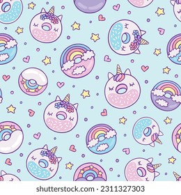 Unicorn donuts abstract seamless pattern. Imaginary creature with dessert snacks vector images on turquoise background. Cartoon icons design